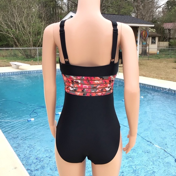 NWOT Time and Tru Womens Black Floral Mesh Band One Piece Swimsuit Medium 8-10 - Picture 3 of 7